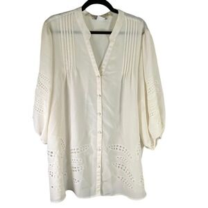 Chelsea Studio Womens 1X Tunic Top Button‎ Down Sheer Cream Laser Cutout Blouse